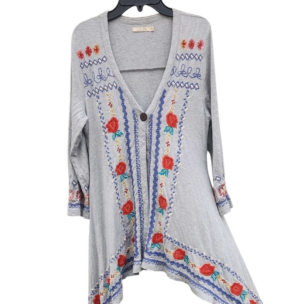 Caite‎ Athleta Cottage Core Embroidered Jersey Cardigan Floral Rose Coastal M